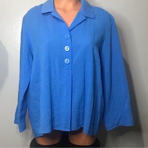 Habitat Top Blue Lagenlook SZ S 3/4 Sleeve Button Down Flowy Shirt Blouse